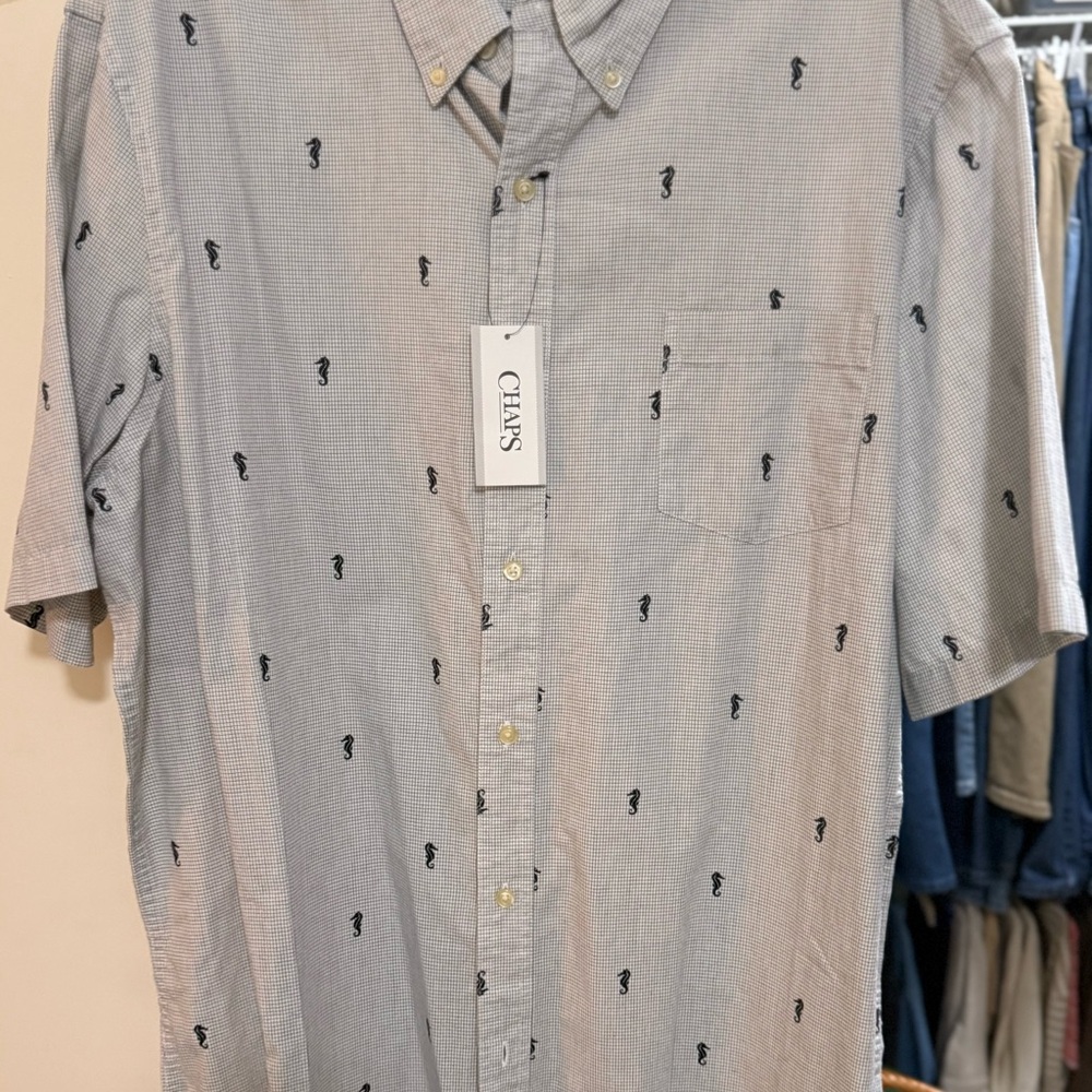 Chaps White Short Sleeve Men's Shirt with Navy Seahorses, size XXL